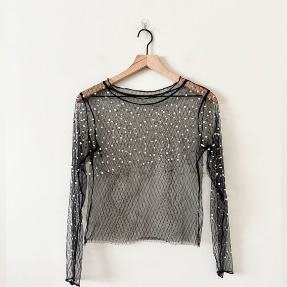 Amazon Sheer Long Sleeve Top and Pant Set Black with Pearl Detail - Size M - Picture 2 of 7